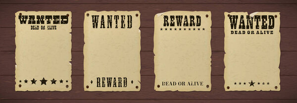 Wanted dead or alive poster with grunge textured typography and ripped vintage gray paper nailed to a wooden background.