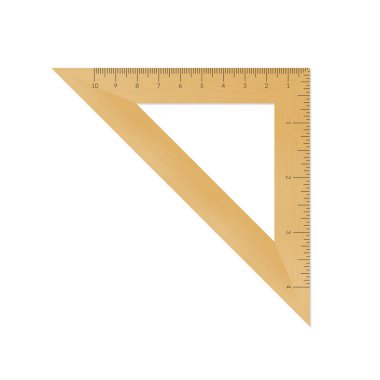 Metrik ve emperyal birimler cetvel ölçeğinde ahşap izosceles üçgen.