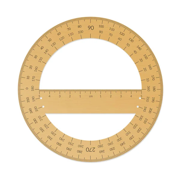 Wooden circular protractor with a ruler in metric units — Stock Vector