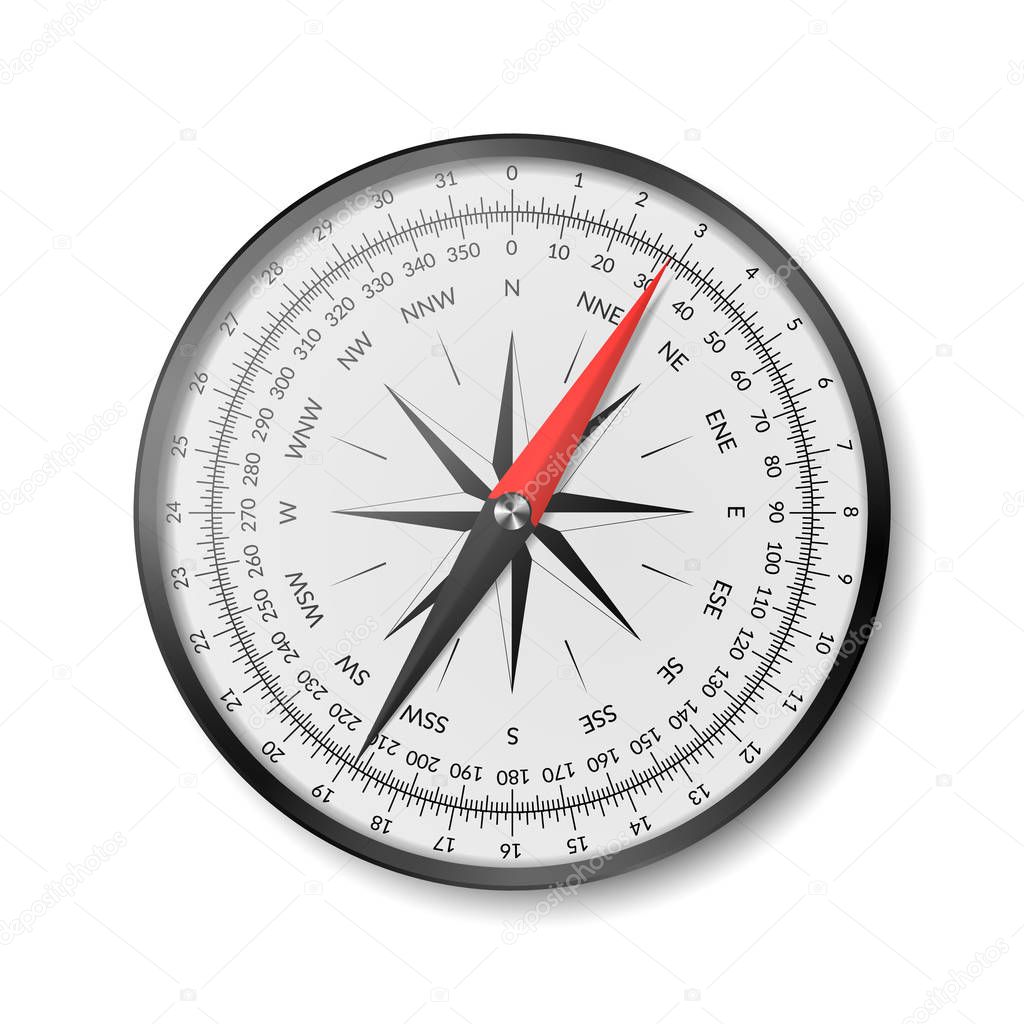 Topographical compass with dial face, named wind directions and windrose.