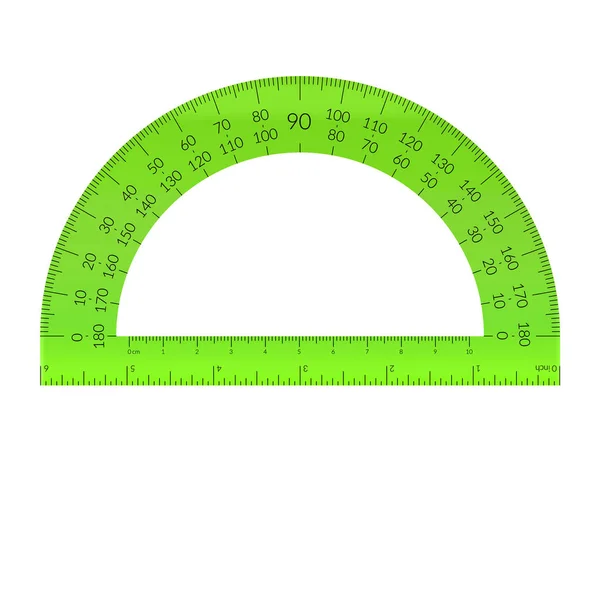 Plastic circular protractor with a ruler in metric and imperial units — Stock Vector