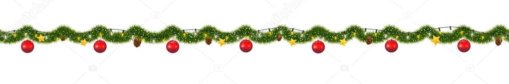 Christmas garland with lights. Seamless New Year tinsel with snow