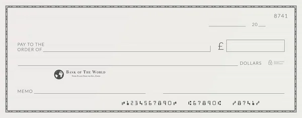 Plantilla de cheque bancario en blanco. Verificación de la chequera — Vector de stock