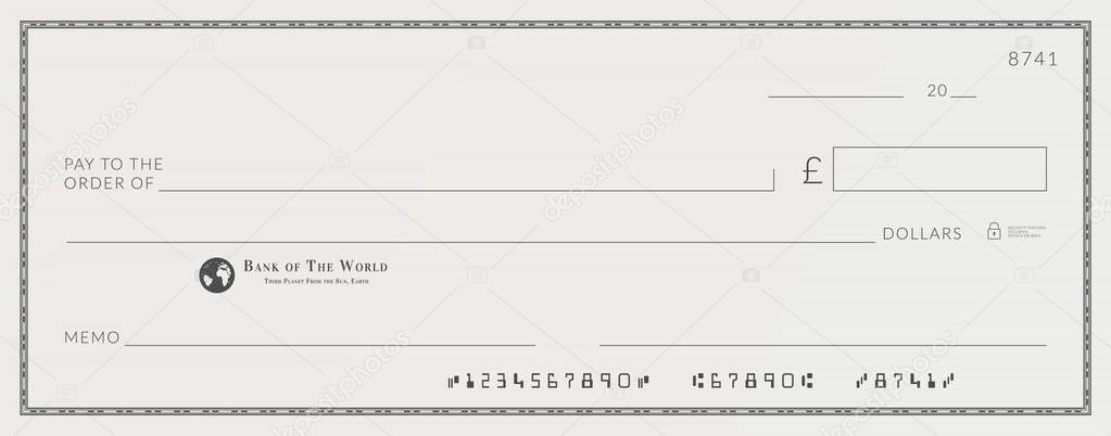 Blank bank cheque template. Check from checkbook