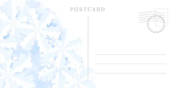 Winter reizen briefkaart Backside met de grens van sneeuwvlokken. — Stockvector