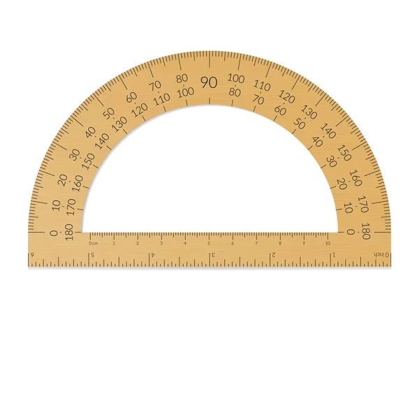 Wooden circular protractor with a ruler in metric and imperial units — Stock Vector