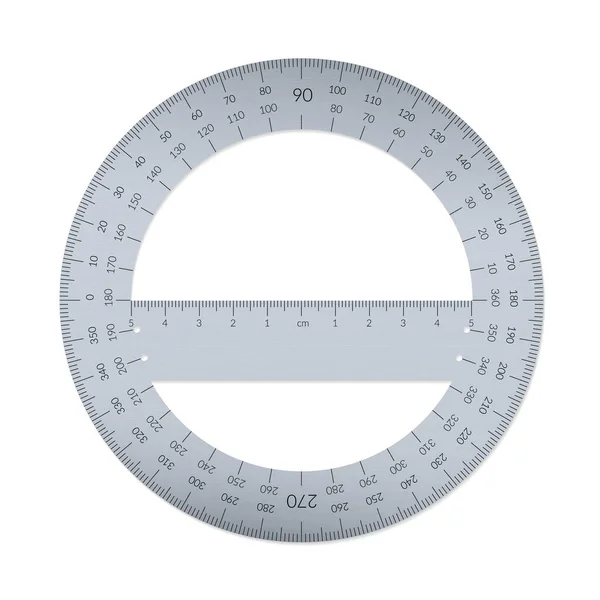 Aluminium circular protractor with a ruler in metric units — Stock Vector
