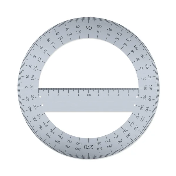 Transportador circular de aluminio con una regla en unidades métricas — Vector de stock