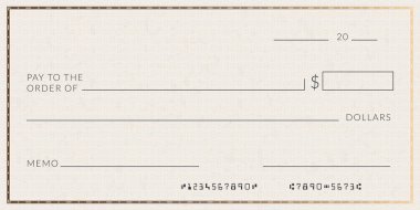 Boş banka çeki şablonu. Sahte çek sayfası mockup.