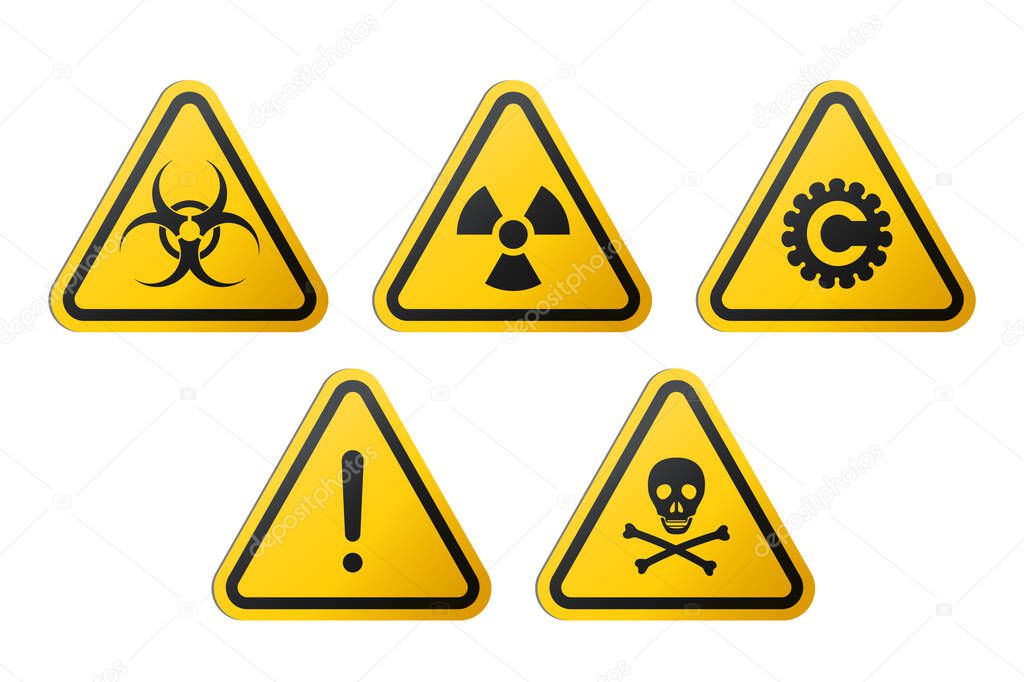 Triangular signs of a hazard warnings : biohazard, ionizing radiation, coronavirus, poison and generic danger.