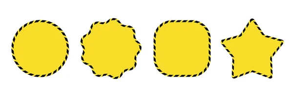 バリケードテープのステッカーセット 黄色と黒の販売タグとラウンド価格割引ラベル 販促用ステッカーと円形付箋 — ストックベクタ