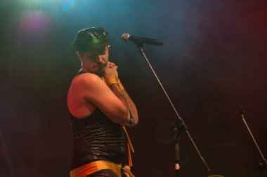 Bergamo, İtalya - 29 Haziran 2018: İtalyan komedi heavy metal grubu Roma'dan, çelik Nanowar Sanpaolo dargon Bg. Brambilla Simone canlı haber fotoğrafçı Birranbanda Festivali'nde gerçekleştirir