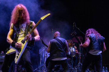 Bergamo, İtalya - 29 Temmuz 2018: İtalyan Metal grubu 6 halk ve Metal Malpaga Fest (Bg) Atavicus gerçekleştirir. Brambilla Simone canlı haber fotoğrafçı