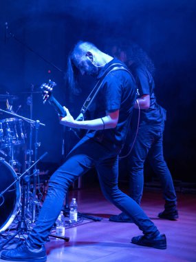 Bergamo, İtalya - 26 Ağustos 2018: İtalyan Death Metal grubu Pollo Metal festivalinde SPAZIO Polaresco (Bg), iğrenç İlahiyat gerçekleştirir. Brambilla Simone canlı haber fotoğrafçı