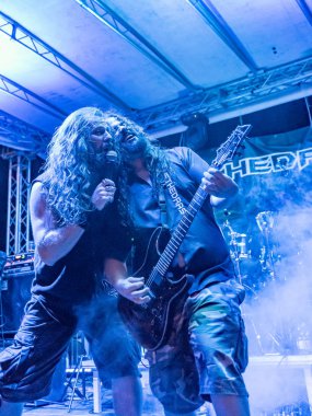 Bergamo, İtalya - 26 Ağustos 2018: İtalyan Thrash-Death Metal grubu Pollo Metal festivalinde SPAZIO Polaresco (Bg), Methedras gerçekleştirir. Brambilla Simone canlı haber fotoğrafçı