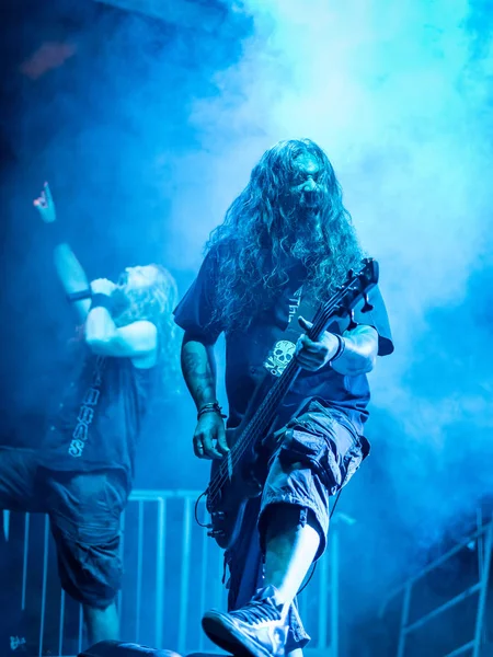 Bergamo, İtalya - 26 Ağustos 2018: İtalyan Thrash-Death Metal grubu Pollo Metal festivalinde SPAZIO Polaresco (Bg), Methedras gerçekleştirir. Brambilla Simone canlı haber fotoğrafçı