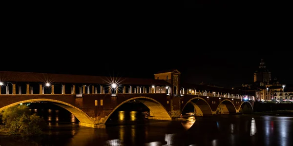 Photographie Nocturne Ponte Coperto Pavie Bâtiment Historique Également Appelé Ponte — Photo