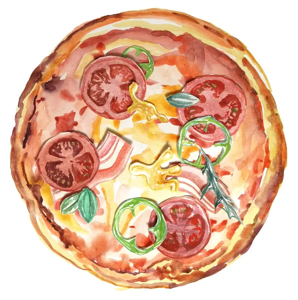 Pizza Fresca All Acquerello Cibo Italiano Pasto Disegno — Foto Stock