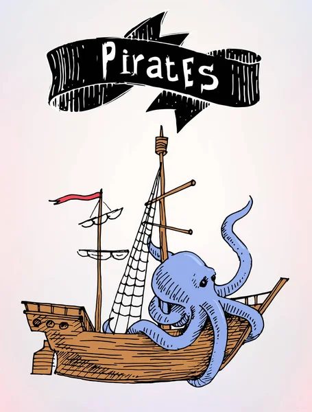 Piraten Zeichnen Schiff Mit Schild — Stockvektor