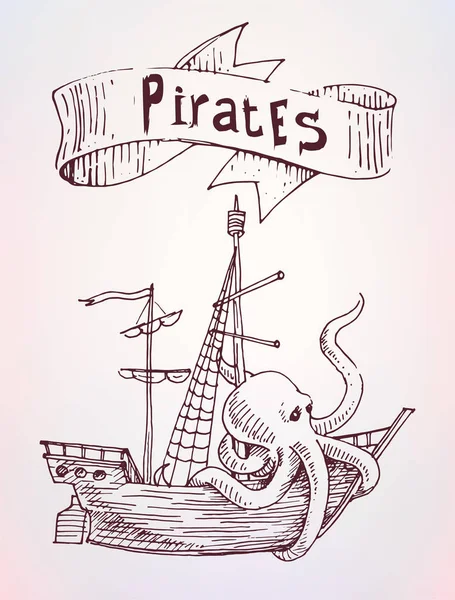 Piratas Desenhado Navio Com Sinal Bandeira Fita — Vetor de Stock