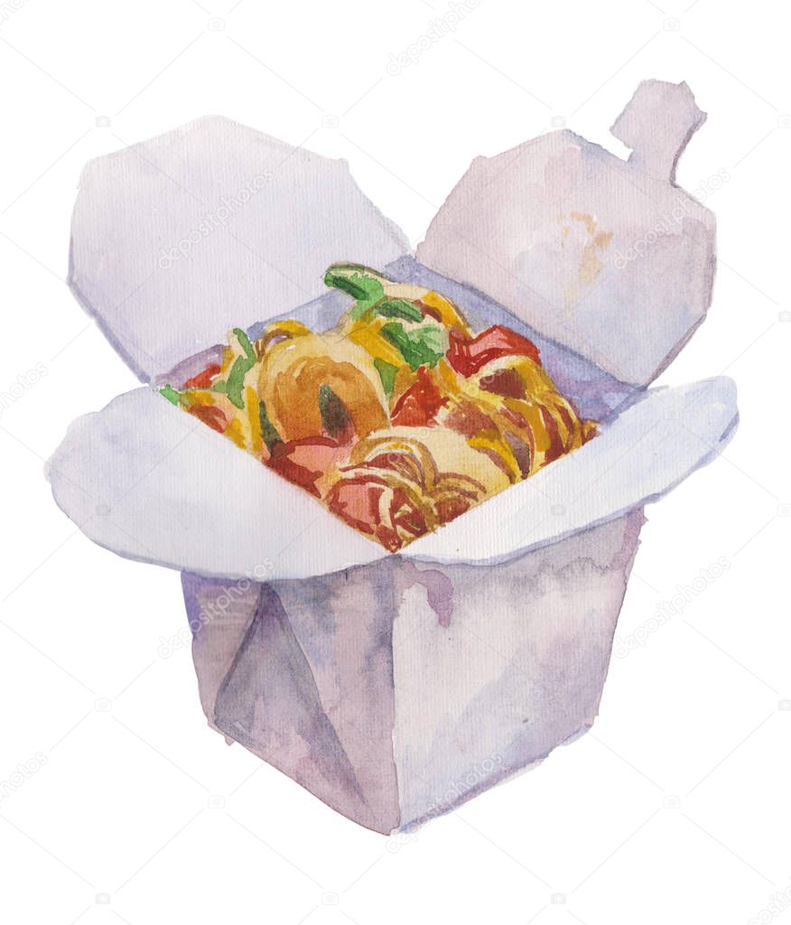 Watercolor illustration noodle box. Chinese food, Wok rice