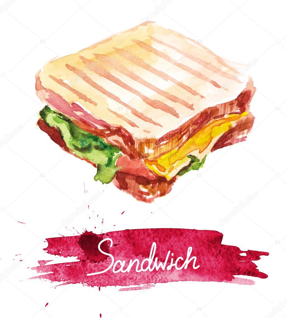 Watercolor sandwich with lettering. Hand drawing food