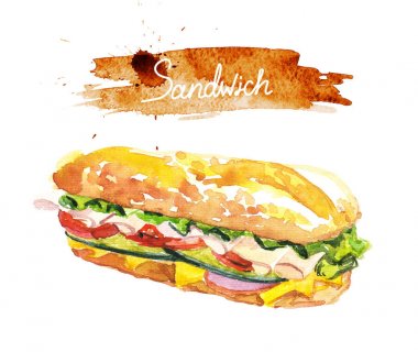 Yazı ile suluboya sandviç, klasik fast food.