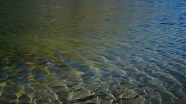 Nahaufnahme von Stein überspringen Spiel. Schöne Aussicht auf einen kleinen abgeflachten Felsen, der mehrmals von der Wasseroberfläche über das Gewässer abprallt und schließlich im See versinkt,. — Stockvideo