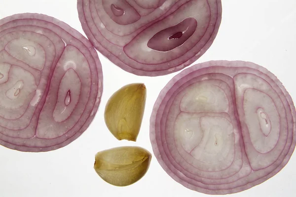 Cross section slice of red onion and garlic against light backgr