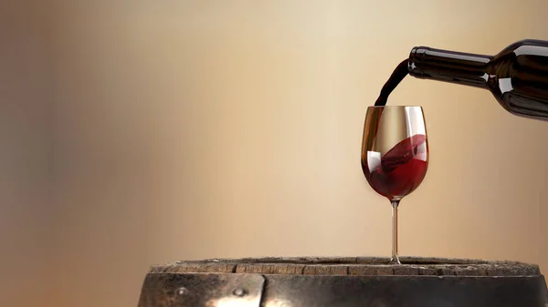Czerwone Wino Wlewa Się Butelki Kieliszka Starej Drewnianej Beczce Renderowanie — Zdjęcie stockowe