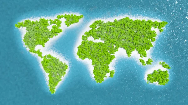 高密度の熱帯雨林の世界の国の地図 木や緑の植生 細くて白い砂 青と輝く海の水 3Dレンダリング — ストック写真