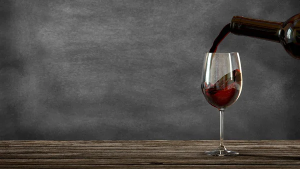 Red Wine Poured Bottle Wine Glass Blackboard Background Old Wooden Stock Picture