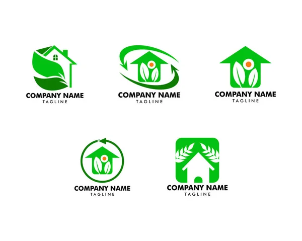 Conjunto de folha e modelo de logotipo da casa verde — Vetor de Stock