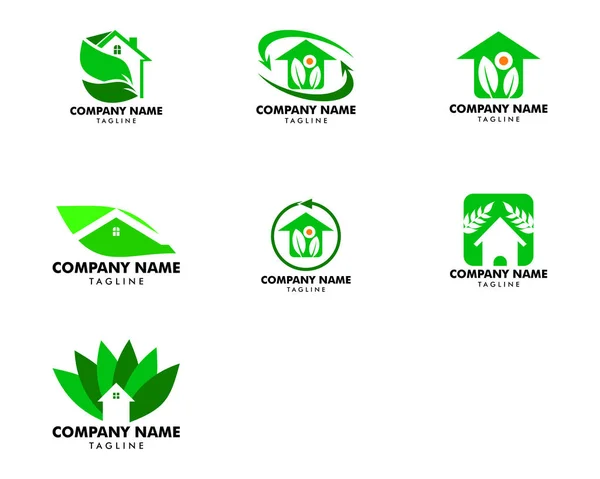 Ensemble de modèle de logo de feuille et de maison verte — Image vectorielle