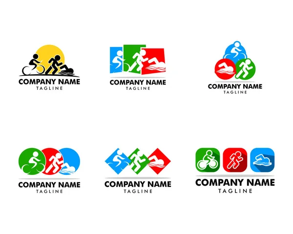 Conjunto de ícones de logotipo, natação, corrida e bicicleta do evento Triathlon — Vetor de Stock