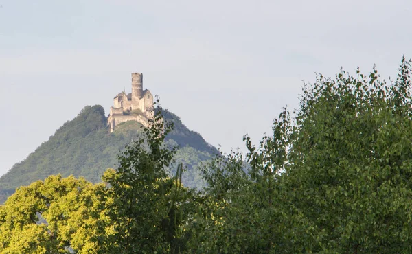 捷克共和国 Bezdez 城堡全景 在前景有树 在背景是一座小山与城堡 — 图库照片