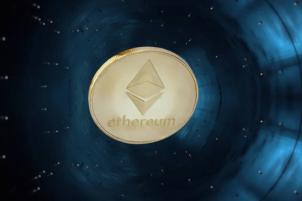 Blue Background Accelerator Gold Coin Virtual Digital Crypto Currency Ethereum — Stock Photo, Image