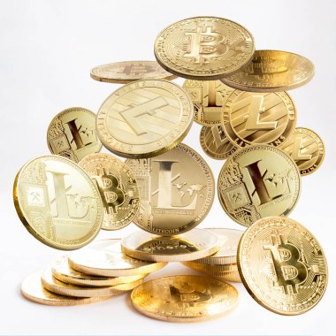 Beyaz bir arka plan üzerinde altın para biriminin bir dijital Kripto - litecoins, bitcoin ve ethereum vardır