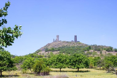 Ceske Stredohori Dağları 'nın tepesindeki Hazmburk Kalesi kalıntıları. Meyve ağaçları ve mavi gökyüzü.