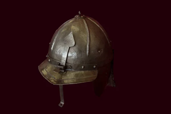 Isolated Old Military Metal Helmet Red Background — Stock Photo, Image