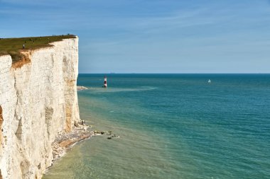 Beachy Head deniz feneri ve yüksek tebeşir kayalıklarla East Sussex kıyısında bir görünüm.