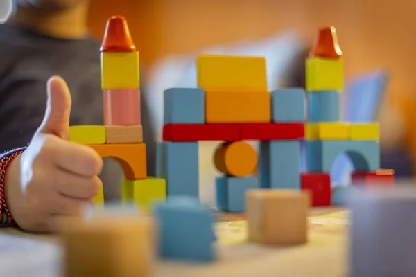 Niño Juega Con Bloques Madera Colores Casa Kid Juega Construye —  Fotos de Stock