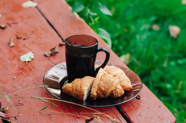 Välsmakande Croissanter Med Hett Kaffe Bänken Någonstans Parken — Stockfoto