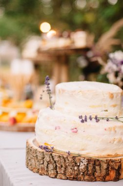 Lavanta çiçekleri ile süslenmiş beatifull kremalı düğün pastası. Düğün süsleri. Ziyafet masası