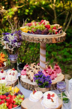 Tatlılar, meyve ve gıda bir sürü güzel düğün şeker bar. Düğün ziyafet masası