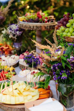Tatlılar, meyve ve gıda bir sürü güzel düğün şeker bar. Düğün ziyafet masası