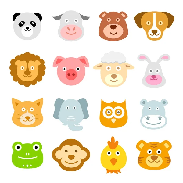 Ícones de rostos de animais, Cabeças de animais de bebê, Zoológico, Natureza — Vetor de Stock