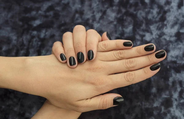 Beautiful Woman Nails Beautiful French Manicure Handsome Black Glitter — Stock Photo, Image