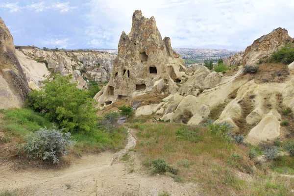 Antika Manzara Görünüm Koni Şeklinde Antik Konut Mağara Duvarlarında Kapadokya — Stok fotoğraf