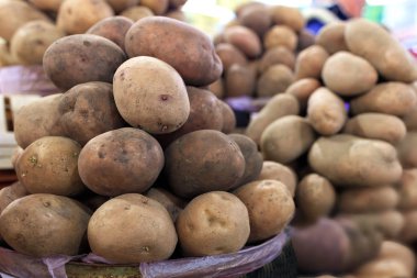 Pazar tezgahları ışığında üzerinde kazıklı kuru patates yumrular closeup.